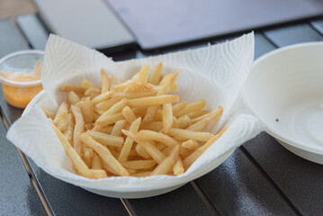 French fried in plastic plate with food blotting paper