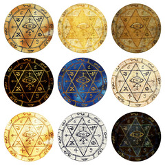 Design clip art set with magic book of spells, candles, pentagram and witch objects isolated on white background