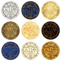 Design clip art set with magic book of spells, candles, pentagram and witch objects isolated on white background