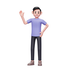 3D illustration of man waving hand and left hand on waist. Casual man saying hello, say hi