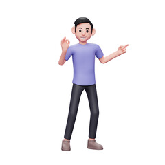 3D character illustration of casual man Pointing Finger Aside At Copy Space, Recommending Something with left hand and right hand with ok finger