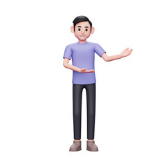 3D character illustration Happy casual man showing hand to copy space with both hands, presenting or introducing something. Advertisement or product presenting concept