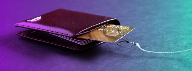 A fishing rod hook snagged a credit card in my wallet. Theft of data from credit cards. Hacker...