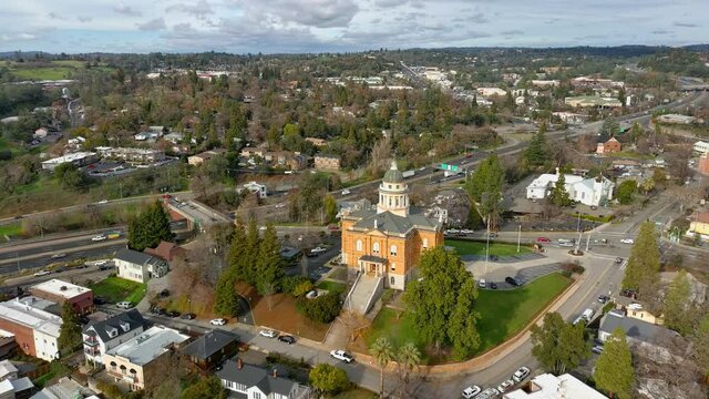 Auburn, California skyline with the historic county courthouse and old town.