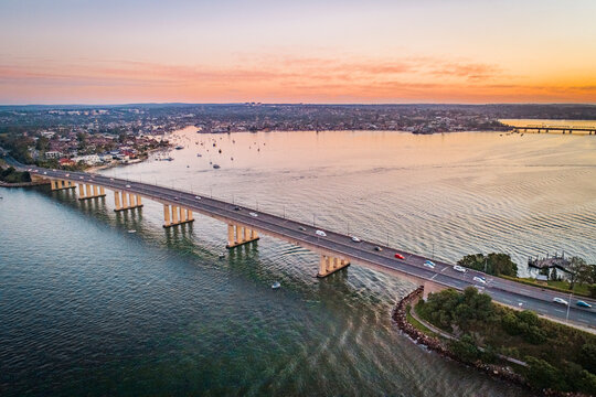 Drone Shot of Captain Cook Bridge at Sunset