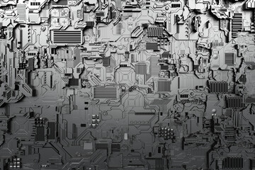 3d illustration of a pattern in the form of a metal, technological plating of a spaceship or a robot. Abstract Graphics in the style of computer games. Close up of the black cyber armor