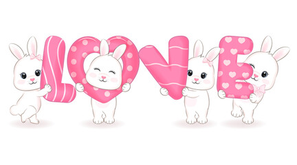 Cute Little Bunny with alphabet love, cartoon illustration