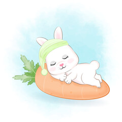 Cute Little Bunny sleeping on the carrot cartoon illustration