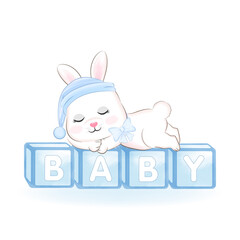 Cute Little Rabbit  sleeping on baby toy box illustration