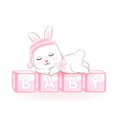 Obraz na płótnie Canvas Cute Little Rabbit sleeping on baby toy box illustration