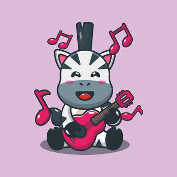 Cute zebra playing guitar. Cute cartoon animal illustration.