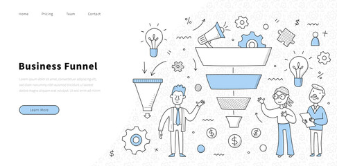 Business funnel website with people team and sales funnel. Vector landing page of internet marketing strategy with doodle illustration of diagram of online customer traffic management - obrazy, fototapety, plakaty