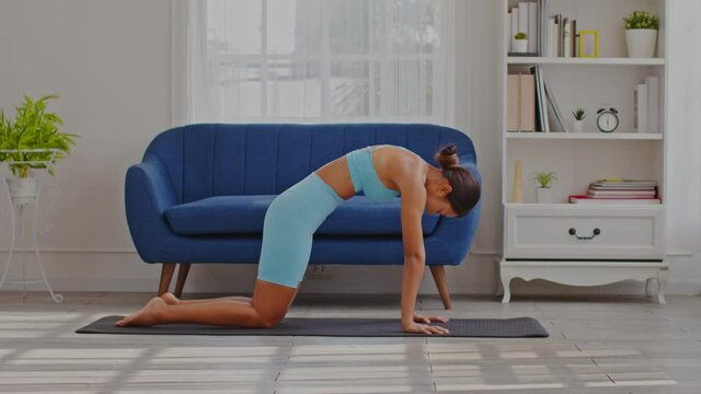 Calm of Athletic Asian woman in blue sportwear practice yoga Cat Cow pose to breathing and meditation at home,Healthy woman doing yoga so comfortable and relax,Wellness Yoga Healthcare Concept
