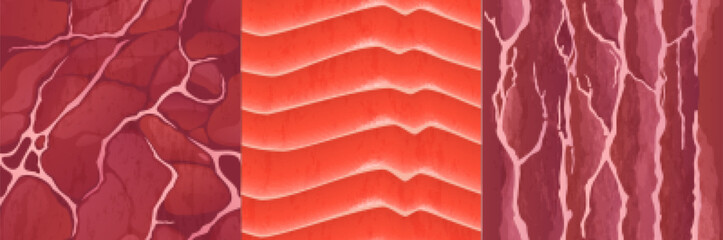 Textures of salmon fillet and red meat for game background. Vector realistic seamless patterns of raw fish slice, beef and pork steak, fresh flesh structure illustration