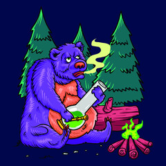 Bear cartoon chill at forest fire camp 