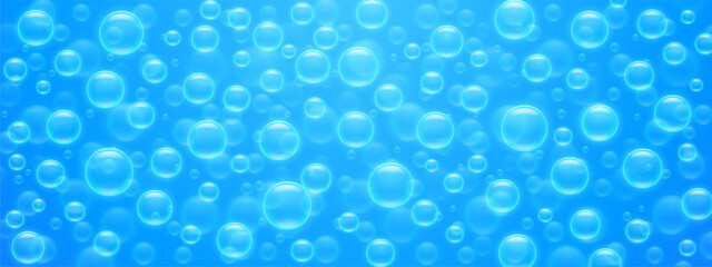 Seamless pattern air bubbles on blue water surface. Abstract background with transparent soap or shampoo balloons, underwater fizzing, texture or wallpaper design, Realistic 3d vector illustration