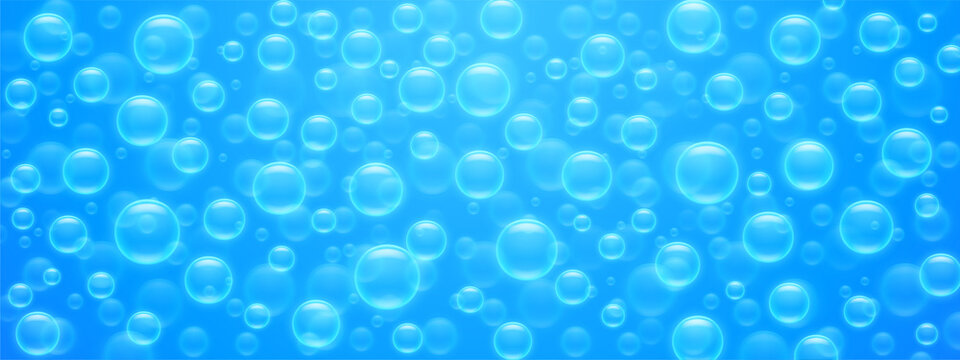 Seamless pattern air bubbles on blue water surface. Abstract background with transparent soap or shampoo balloons, underwater fizzing, texture or wallpaper design, Realistic 3d vector illustration