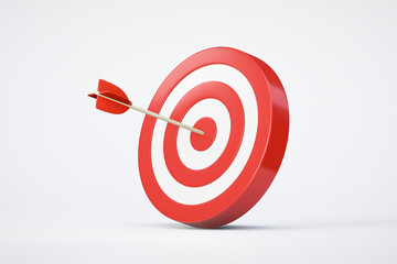 Red arrow aim to business target goal hit success center accuracy competition symbol or strategy dartboard and winner bullseye archery isolated on white 3d background icon with marketing achievement. - obrazy, fototapety, plakaty