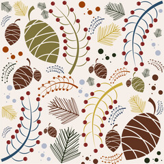 Patrón de vector con elementos florales de invierno, navidad, plantas, ramas, piñas, pinos.  - obrazy, fototapety, plakaty
