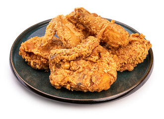 Fried chicken in black plate isolated on white background, Fried chicken on black With clipping path.