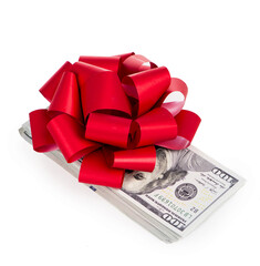 Surprise, gift. Stack of dollar bills with red bow on white background