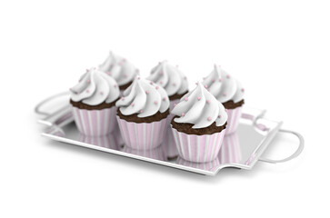 Pink Sweet Cupcakes On A Silver Tray - 3D Rendering