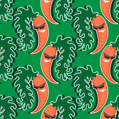 Cotton fabric carrot cartoon character with glasses on a green seamless vector background.