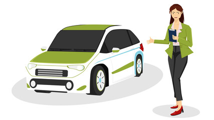 ฺBusiness woman or Business Girl hold documents to prepare eco car electronic plug for sale in the showroom for sale. On isolated white background.