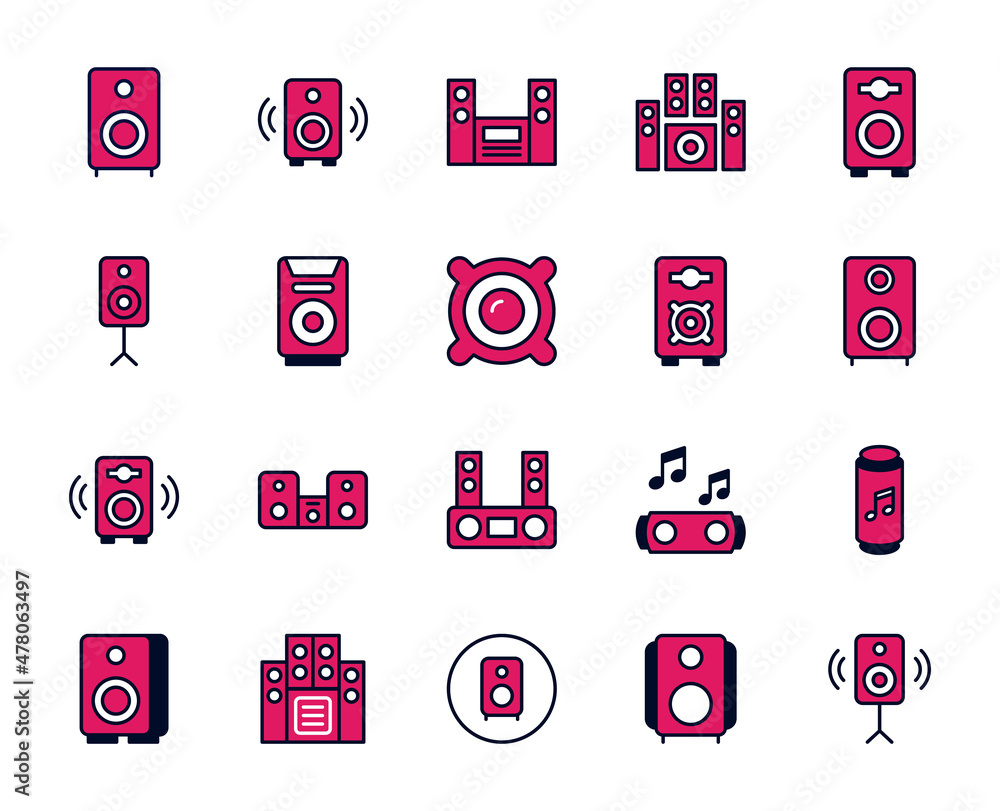 Poster soundspeaker set line icons in flat design with elements for web site design and mobile apps. collec