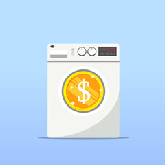 Laundry concept logo illustration with washing machine and gold coin