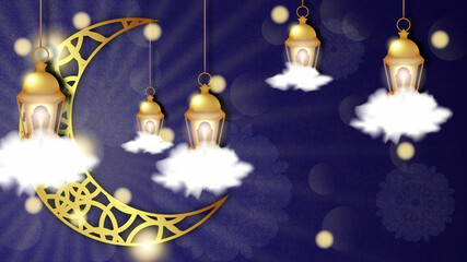 Fototapeta premium Eid Mubarak and Ramadan Kareem Islamic vector design with beautiful illuminated arabic lamp and gold ornament designs