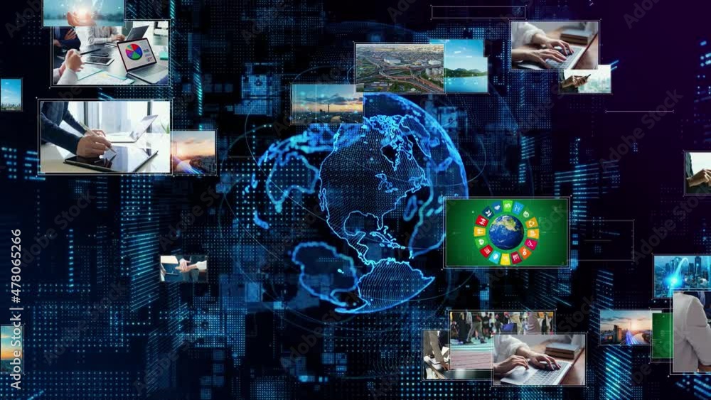 Poster Global communication network concept. Video content. Video distribution service. Social network.