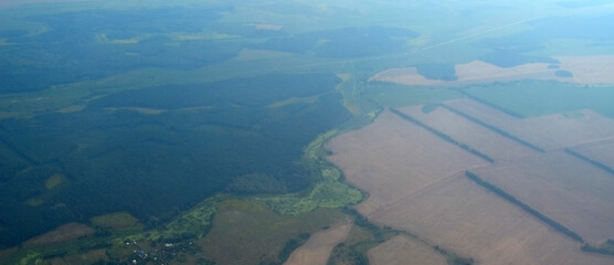 Aerial view of countryside from airliner. Kiev Region.