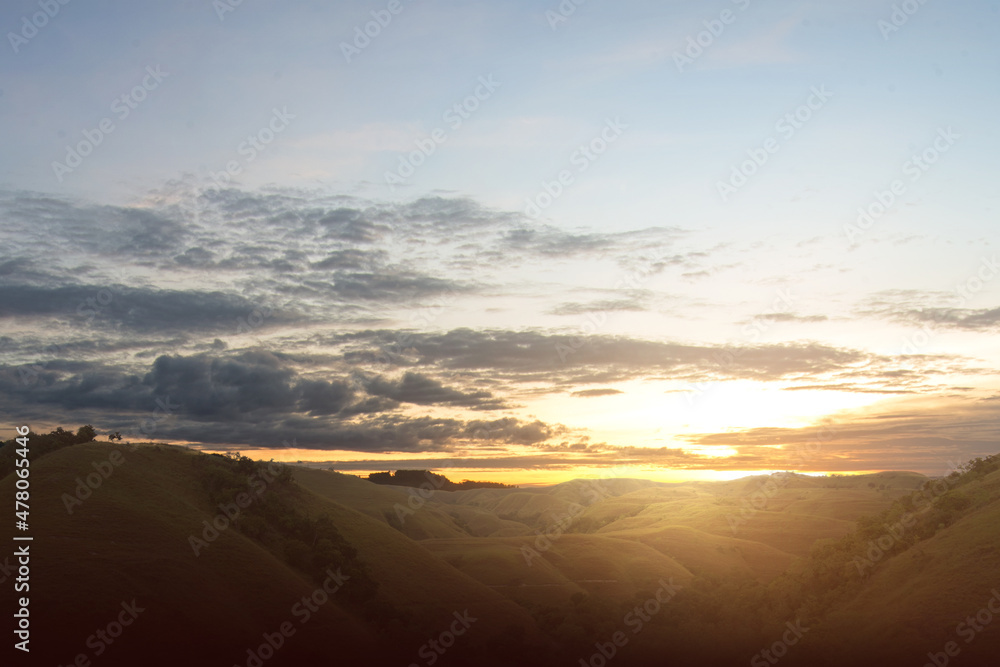 Poster Green hills with landscape view