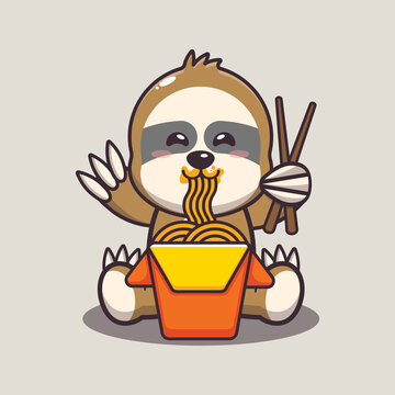 Cute sloth eating noodle. Cute cartoon animal illustration.