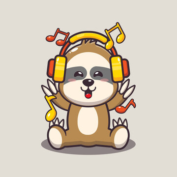 Cute sloth listening music with headphone. Cute cartoon animal illustration.