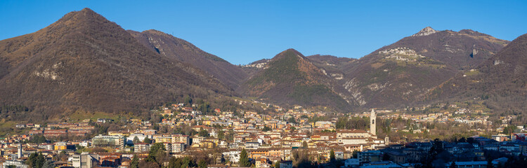 Albino, Bergamo, Italy. Aerial view of the town. Landscape of the village from the mountain. Albino the largest city of the Seriana valley - obrazy, fototapety, plakaty