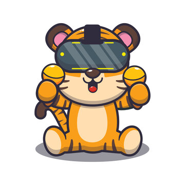 Cute tiger playing virtual reality. Cute cartoon animal illustration.
