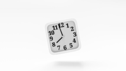 Clock white color. square clock floated above the ground. at eight o'clock in the morning. Minimal idea concept, 3D Render.