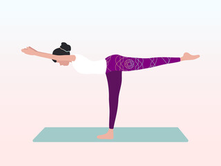 A woman practices yoga in the pose of a warrior III or Virabhadrasana III. Can be used for poster, banner, flyer, postcard, website.