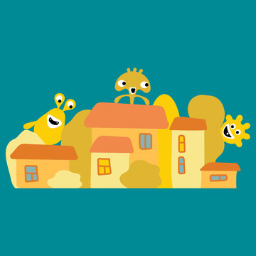 Funny monsters in the town, Cartoon Vector illustration
