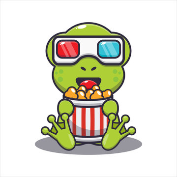 Cute frog eating popcorn and watch 3d movie. Cute cartoon animal illustration.
