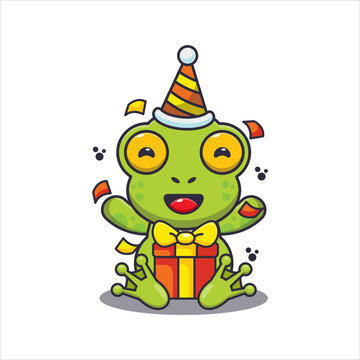 Cute frog in birthday party. Cute cartoon animal illustration.