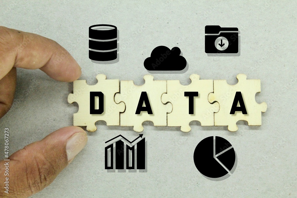 Poster wooden puzzles with data icons and data words. data concept
