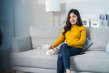 Obraz premium Close up of young women stroking domestic cat while watching movie.