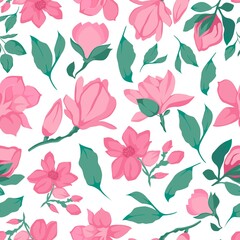 Floral seamless pattern with magnolia flowers, leaves and petals on white background. Spring flowers for fabric, prints, greeting cards.