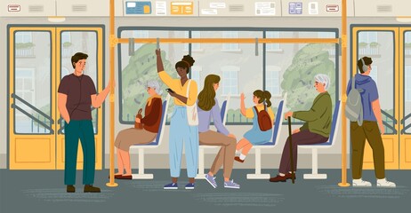 People in bus vector concept illustration. City public ptransport interior, sitting and standing passengers. People commute by bus © Wanlee
