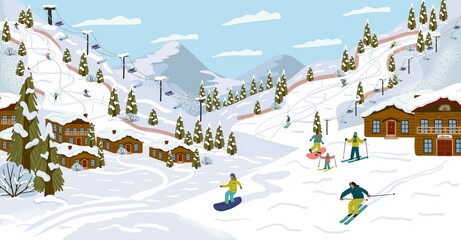 Ski resort with skiers, cable cars, ski lifts, vector illustration. Winter holidays and sport activity. Winter season mountain landscape with alps chalet. Mountain ski, snowboard, downhill track - obrazy, fototapety, plakaty
