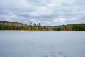 Spring ice on the lake. Landscape. 