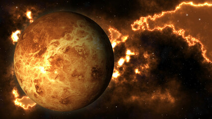 Obraz na płótnie Canvas Venus surface. Venus in 360-degree rotation. Realistic 3D render of Venus and stars. 
